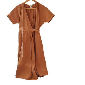 Urban Romantics tick orange cotton short sleeve wrap tie waist midi dress sz M